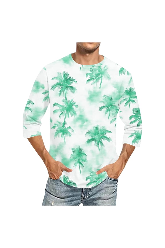 Mens Three Quarter Length Sleeve Shirts Casual Summer Vacation Shirt for Men Trendy Palm Tree Graphic Tee Crewneck 3/4 Sleeve Tops Green L
