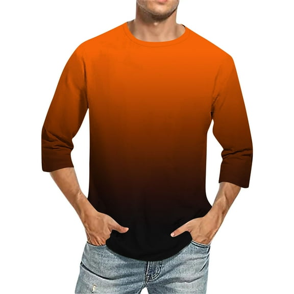 hlysgo Mens Three Quarter Length Sleeve Tees Casual Gradient Shirt for Men Spring Summer Beach Tshirt Loose Fit Crewneck 3/4 Sleeve Shirts Orange XXL