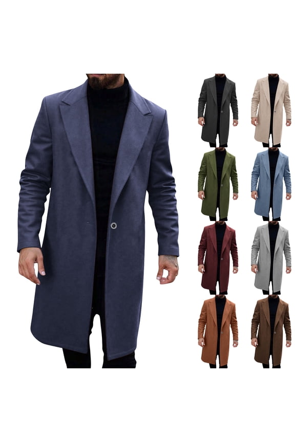 Mens Trench Coats Business Casual Notch Lapel Single Breasted Mid Long Pea Coat Fall Winter Classic Overcoat Men's Peacoats Navy XXL