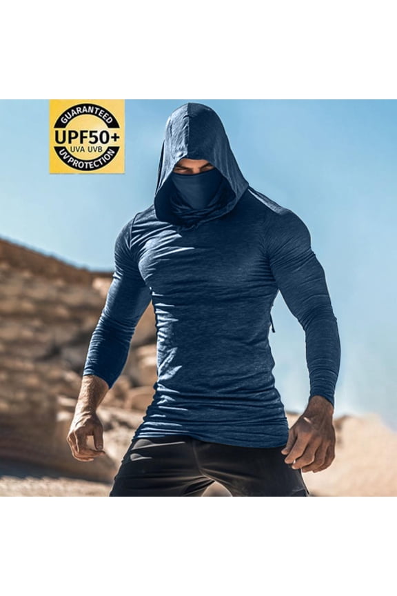 Mens UPF 50 Long Sleeve UV Shirts with Hood Loose Fit Outdoor Hiking Sun Protection Clothing Breathable Summer Cooling Spf Shirt Navy,S