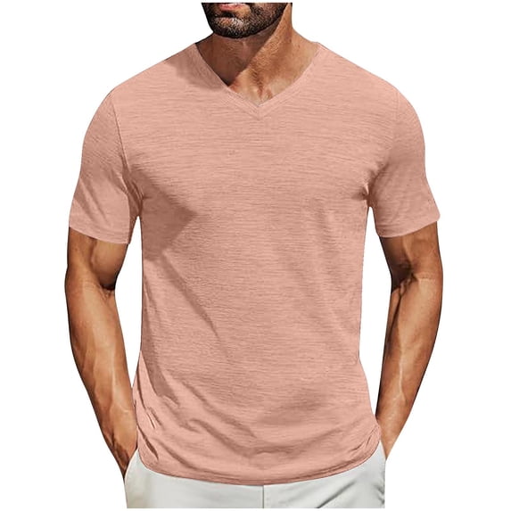hlysgo Mens V Neck Tee Shirts Fitted Solid Color Short Sleeve Basic Tees for Men Casual Going Out Pullover Tops Summer Beach Vacation Clothes Pink XXL