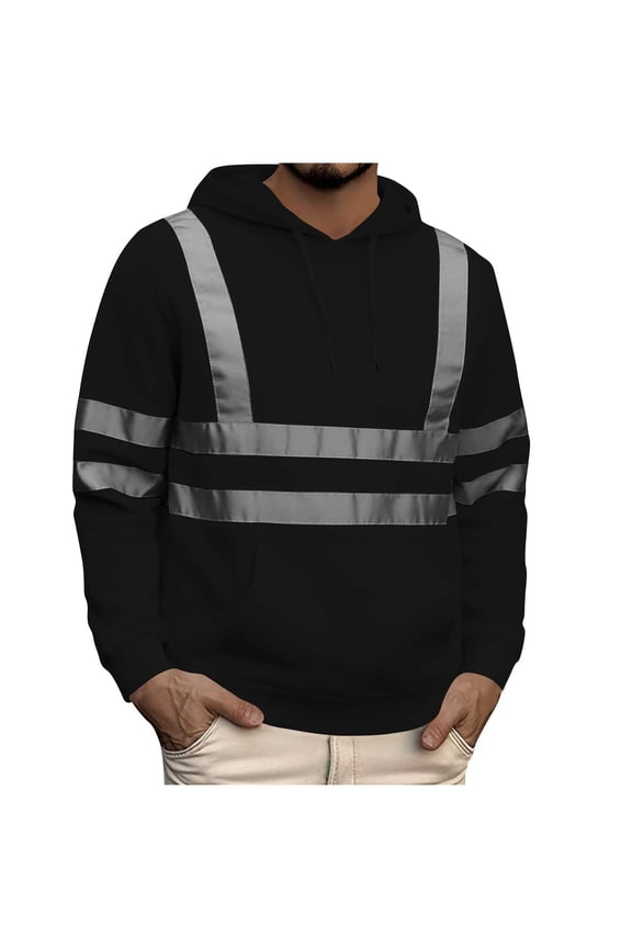Mens Visibility Work Shirts Big and Tall Long Sleeve Reflective Hooded Sweatshirts Hi Vis Hoodies for Men Black XXL
