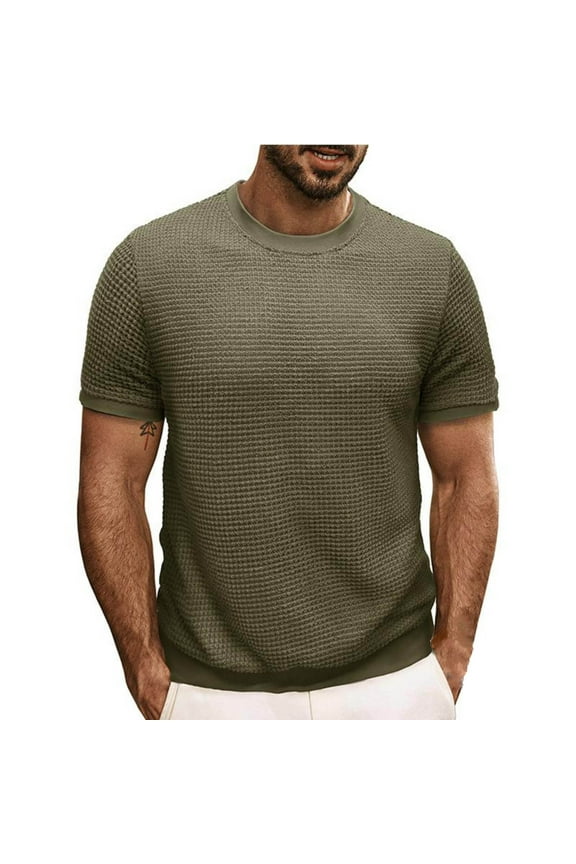 Mens Waffle Knit Shirt Short Sleeve Round Neck T Shirt Casual Solid Color Basic T-shirt Going Out Pullover Tops Business Work Tee Army Green XXL