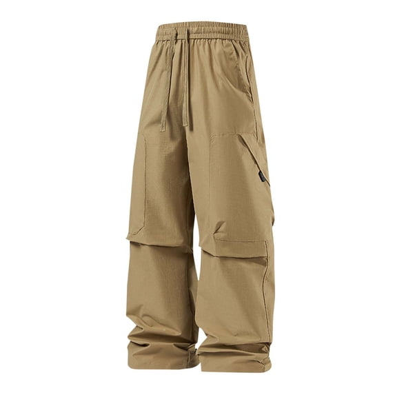 hlysgo Mens Wide Leg Pants Elastic Drawstring Waist Straight Pant Causal Cozy Relaxed Trousers with Multi Pockets Khaki,2xL