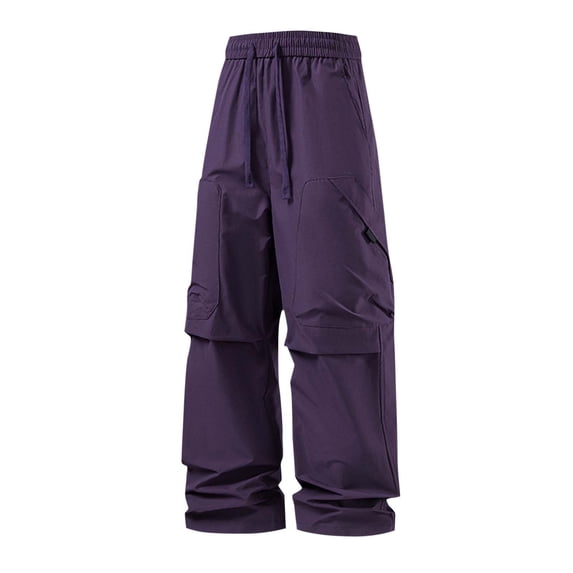hlysgo Mens Wide Leg Pants Elastic Drawstring Waist Straight Pant Causal Cozy Relaxed Trousers with Multi Pockets Purple,S