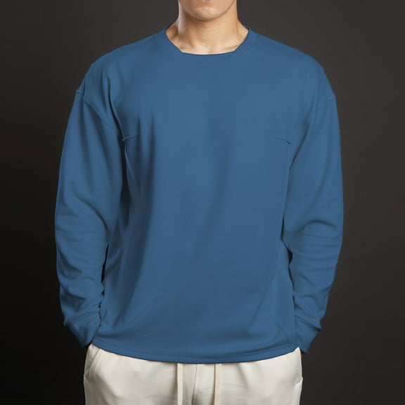 hlysgo Mens Workout Basic T Shirts Comfy Long Sleeve Crewneck Pullover Shirt Casual Solid Color Base Layer Fall Winter Big Men's Sweatshirts Blue L