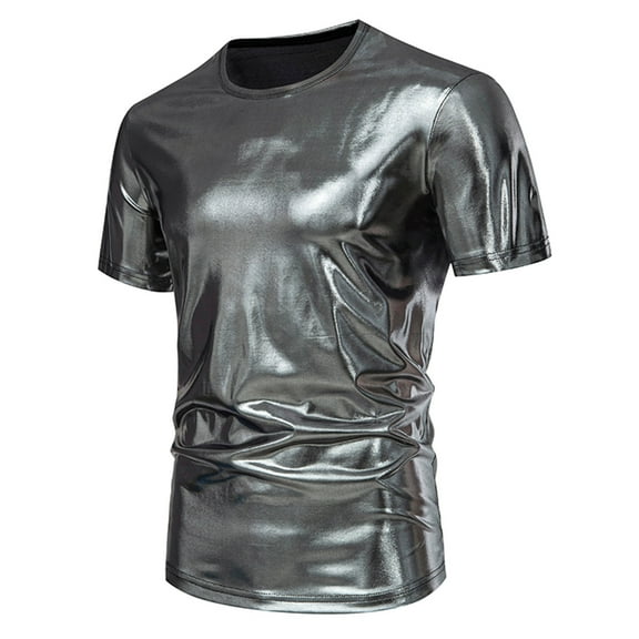 hlysgo Metallic T Shirt for Men Slim Fit Short Sleeve 70s Disco Shirts Men Crewneck Night Out Clubwear Sparkly Party Shiny Tee Tops Dark Gray S