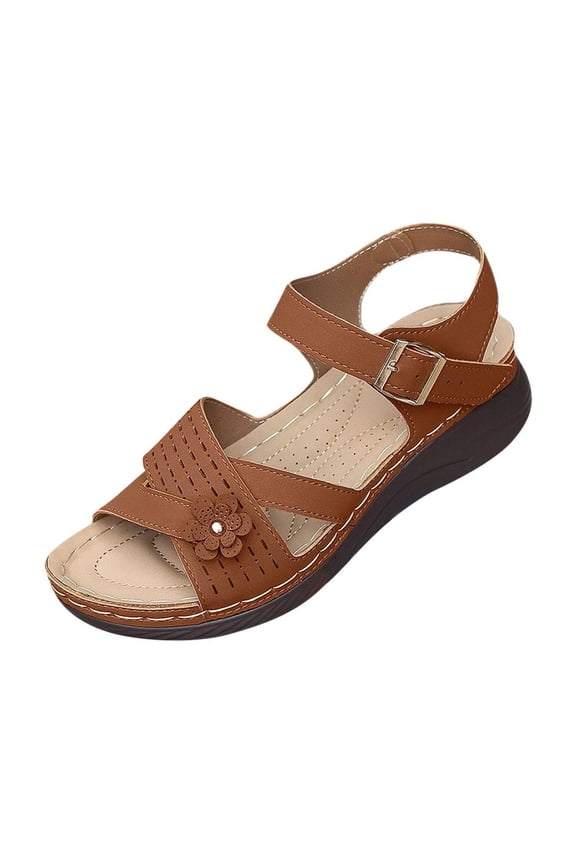 Orthopedic Wide Sandals for Women Wide Width Strappy Arch Support Flat Wedge Sandals Walking Dressy Open Toe Brown 8.5