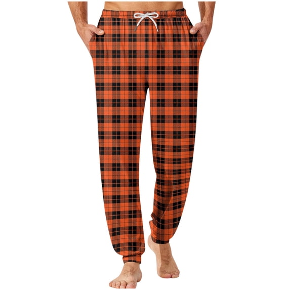 hlysgo Pajama Joggers for Men Drawstring Elastic Waist Plaid Pjs Pants Men Vacation Sleep Pajamas Pants with Pockets Lounge Pj Bottoms Orange,Size S