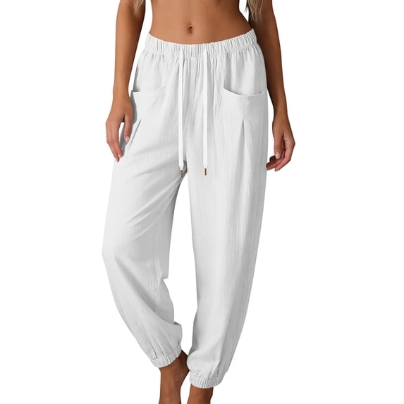 hlysgo Pajama Lightweight Pants for Women Elastic Drawstring Waist Trousers Wide Leg Soft Comfort Sleeping Pant with Pockets White,XL