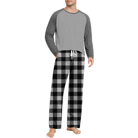 hlysgo Pajama Set for Men 2 Piece Trendy Color Block Long Sleeve Raglan Shirts Plaid Night Bottoms Cozy Lounge Set Men's Sleepwear Pjs Dark Gray XL