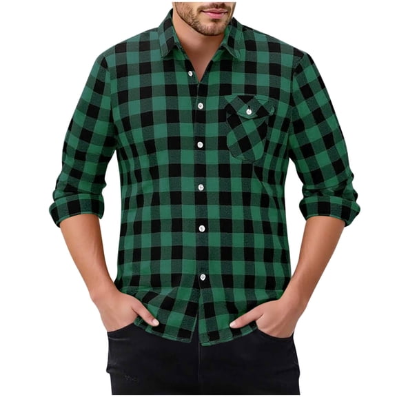 hlysgo Plaid Shirts for Men Regular Fit Long Sleeve Button Down Shirt with Chest Pockets Men's Fashion Work Clothes Going Out Tops Army Green L