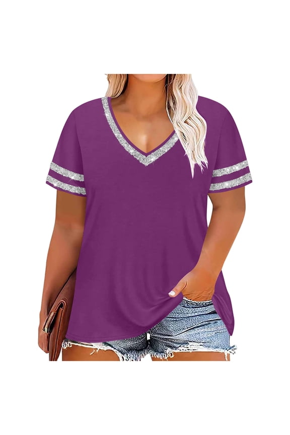 Plus Size Tops for Women Short Sleeve T Shirts V Neck Summer Holiday Blouse Silver,3xL