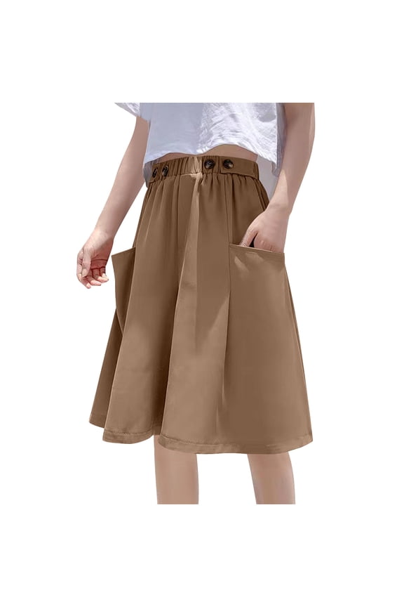 Premium Capri for Women A-Line Loose Fit Elastic Waist Skirt Pull-on Style Baggy with Side Pockets Khaki,3xL