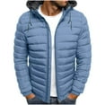 thumbnail image 1 of hlysgo Puffer Jacket Men with Hood Warm Zip up Solid Color Quilted Lined Puffy Jacket Fitted Winter Coats Work Going Out Outerwear Down Coat Light Blue XS, 1 of 5