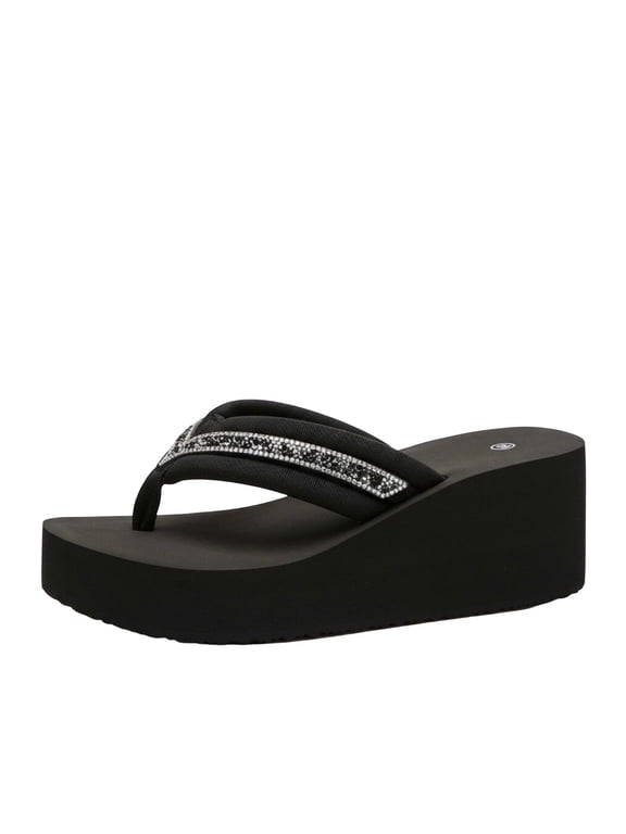 Rhinestone Wedge Sandals for Women Platform Flip Flops Chunky wedge flip flops Heels Sandals Wedding Shoes Black 9