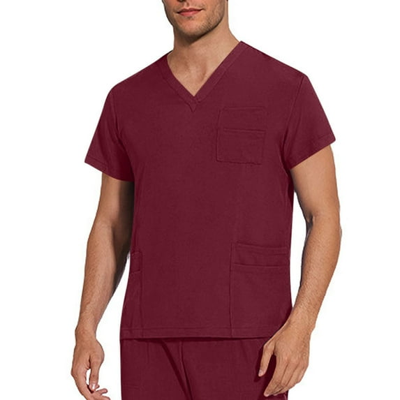 hlysgo Scrubs Tops for Men V Neck Short Sleeve Working Nurse Scrubs Solid Color Workwear Tops Wine XXL