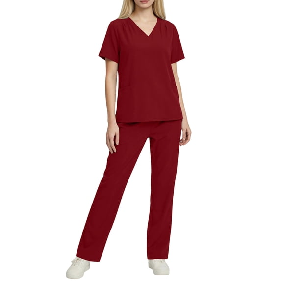 hlysgo Scrubs for Women Set V-Neck Pocket Top & Drawstring Jogger Scrub Pants with Pockets Red,L