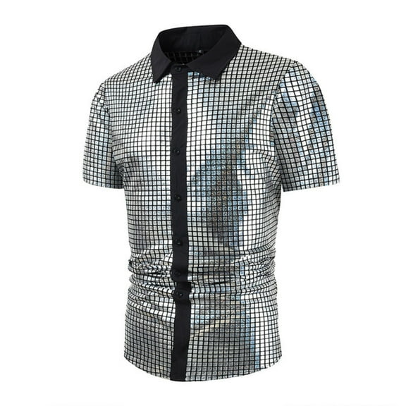 hlysgo Sequin Shirt Men Shinny Short Sleeve Button Down Shirts Casual Stylish Cocktail Evening Party Club Clothes Dressy Fitted Sparkly Tops Silver XL