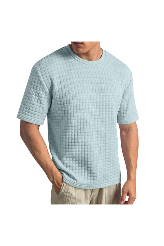 Short Sleeve Shirts for Men Casual Solid Color Crewneck T-shirts Textured Plain Shirts Comfy Summer Going Out Tops Men's Basic Tees Blue,Size S