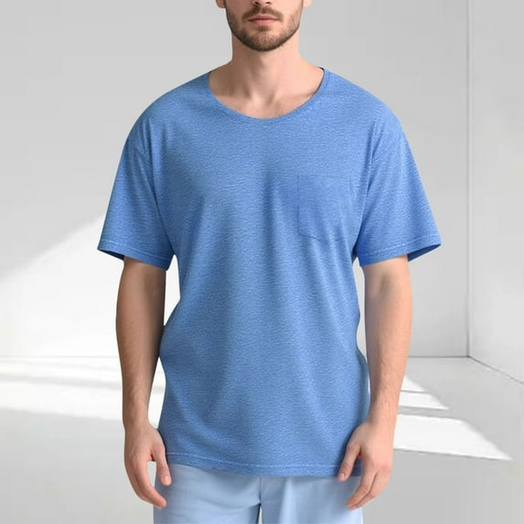 hlysgo Side Split T Shirt for Men Casual Solid Color Short Sleeve Basic Tee Open Side Snap Post Shoulder Surgery Shirts Blue L