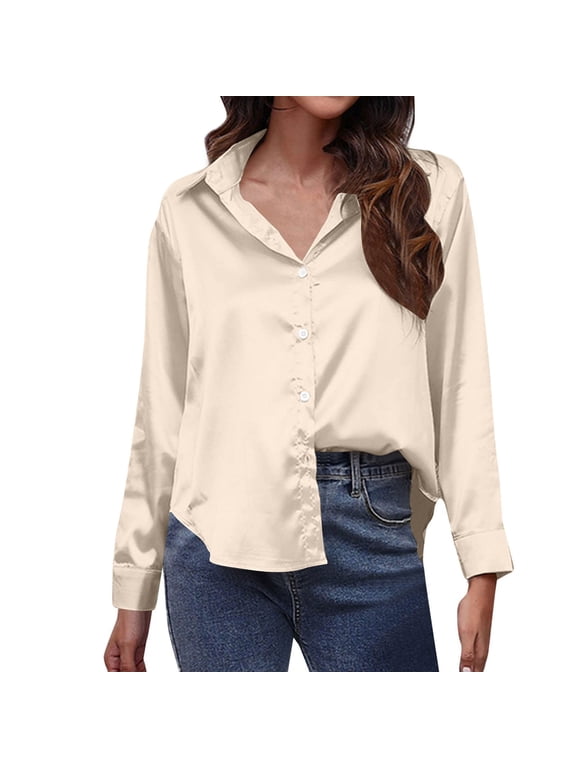 Soft Satin for Women Silk Button Down Breathable Long Sleeve Blouses Business Officewear Work Dress Casual Tops Gold,XL