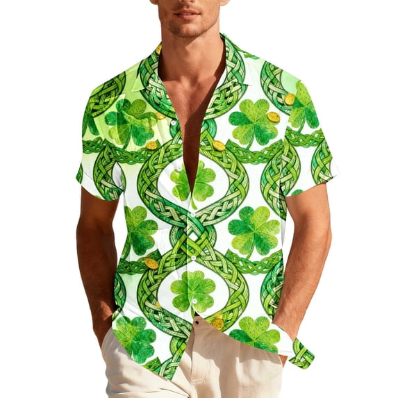 hlysgo St Patricks Day Hawiian Shirts for Men Shamrock Irish Printed Short Sleeve Button Down Shirts Funny St Patricks Day Tshirts Green XXXL