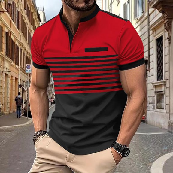 hlysgo Stand Collor Shirts for Men Dressy Casual Striped Color Block Short Sleeve 2 Button up Shirt Business Work Top Summer Pullover Red L