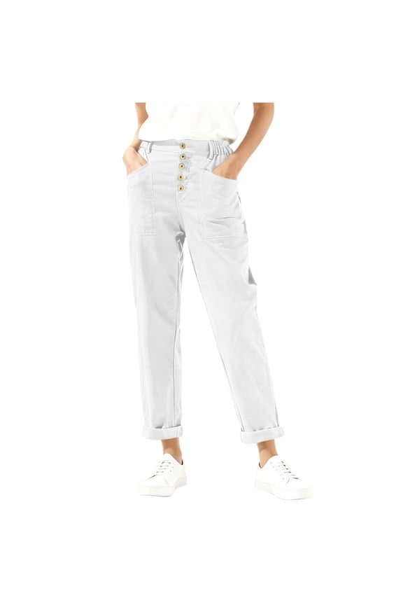 Straight Leg Trousers for Women High Waisted Button Down Chino Pants Lightweight Solid Dress Pants with Pockets White,M