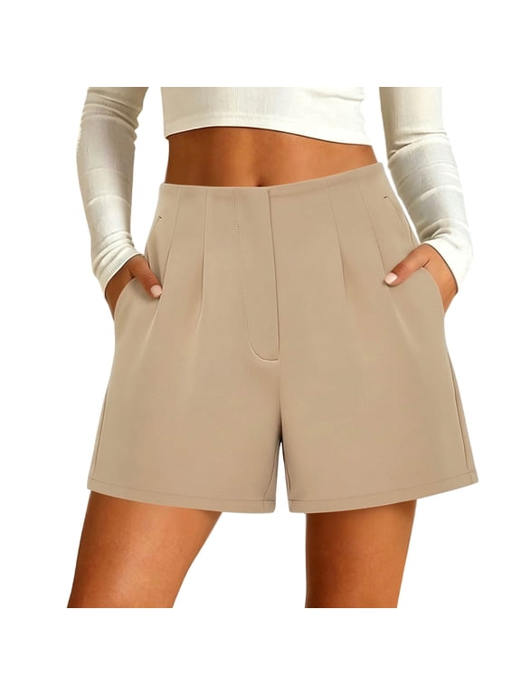 Stretchy Dress Shorts for Women Pull On Dressy Casual Shorts High Waisted Summer Work Business Casual Shorts with Pockets Khaki,L