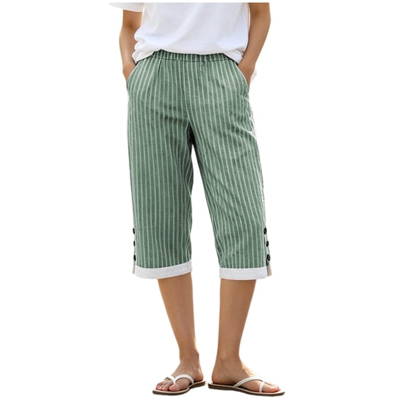 hlysgo Striped Linen Pants for Women Elastic High Waisted Cropped Capris Side Button Summer Vacation Capri Pants with Pockets Green,XL