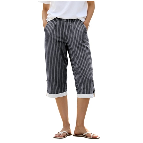 hlysgo Striped Linen Pants for Women Elastic High Waisted Cropped Capris Side Button Summer Vacation Capri Pants with Pockets Navy,M