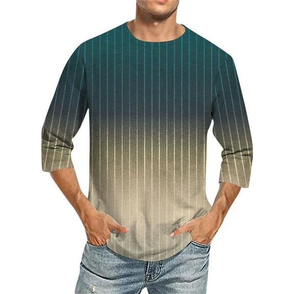 hlysgo Striped Shirts for Men Casual Gradient Graphic Tees Going Out Tops Loose Fit Crewneck 3/4 Sleeve Shirts Spring Summer Clothes Beige XXXXL