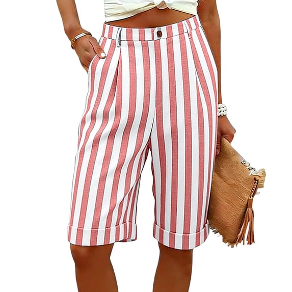 hlysgo Striped Shorts for Women High Waisted Knee Length Bermuda Short Summer Beach Vacation Casual Shorts with Pockets Pink,XL