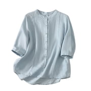 hlysgo Summer Tshirt Shirts for Women 3 Pack Sleeve Cotton Linen Button Down Tunic Tops Casual Loose Round Neck Blouses Sky Blue,L