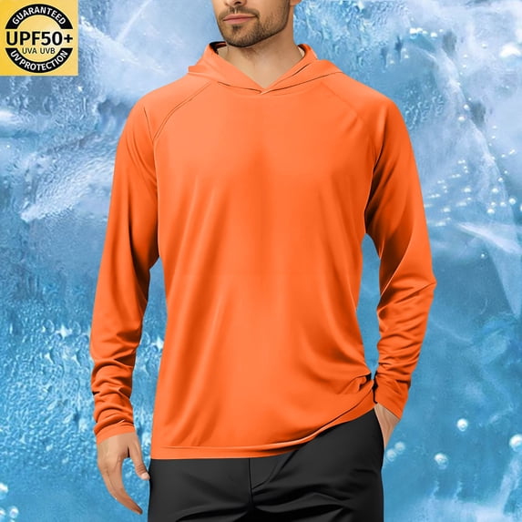 hlysgo Sun Protection Hooded Shirts for Men Breathable Long Sleeve Cooling Spf Shirts Rash Guard for Outdoor Hiking Summer UV Protection Clothing Orange,M