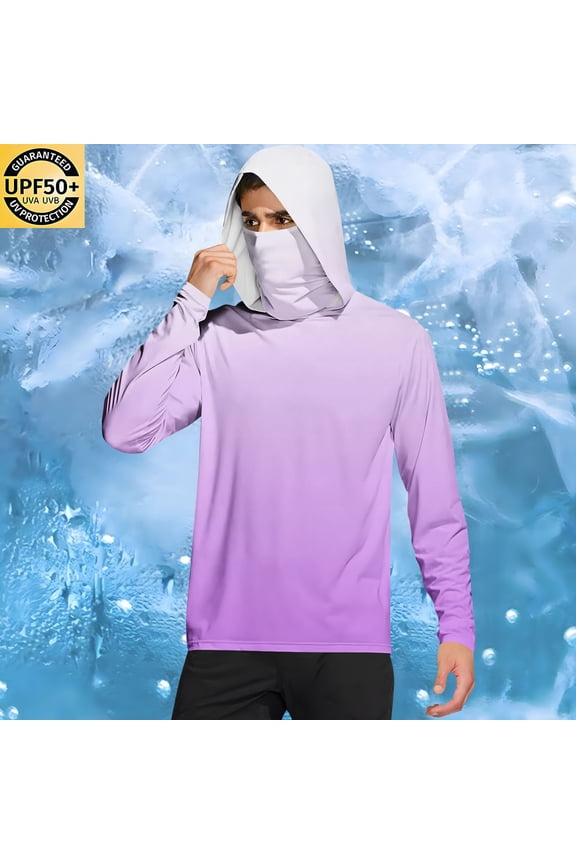 Sun Protection Shirts for Men with Mask Casual Gradient Long Sleeve UV Protection Shirt with Hood Summer Running Athletic Tops Purple,XL