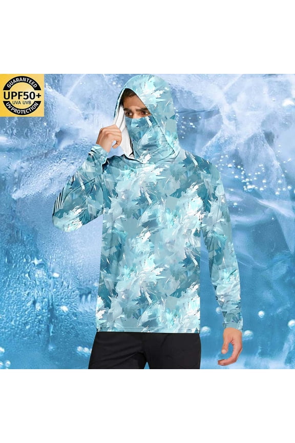 Sun Shirts for Men with Mask Long Sleeve Graphic Prints UV T-shirts Casual Rash Guard Shirts Summer Hiking Outdoor Sun Protection Hoodie Light Blue,XXL