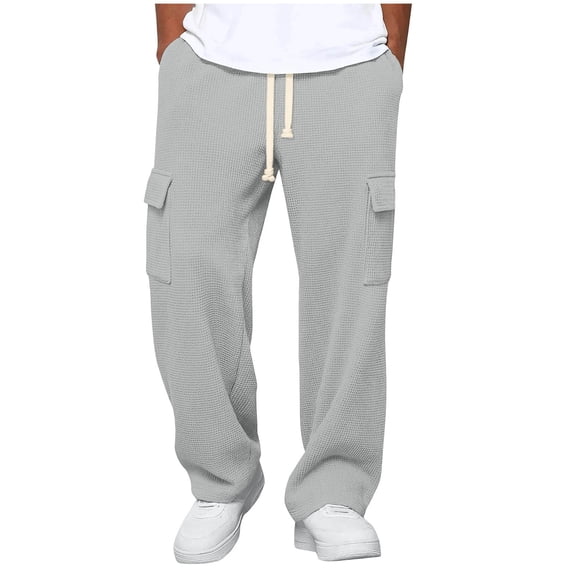 hlysgo Sweatpants for Men with Pockets Relaxed Fit Elastic Waist Drawstring Waffle Knit Pants Straight Leg Open Bottom Cargo Sweatpant Gray XL