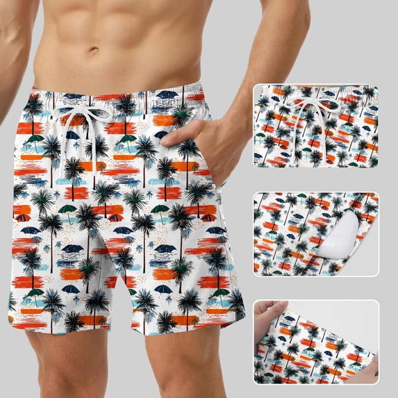 hlysgo Swim Trunks for Men 9 Inch Casual Tropical Printed Beach Shorts with Pockets Quick Dry Drawstring Board Shorts with Liner Men's Swim Trunks White XXL