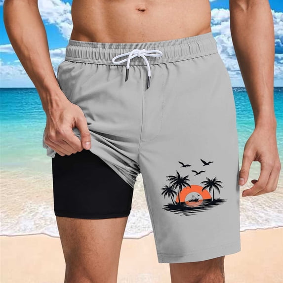 hlysgo Swim Trunks Men 9 Inch Summer Beach Bathing Suit Short Quick Dry Hawaiian Surfing Board Shorts with Liner Casual Swim Trunks Swimwear Gray XL