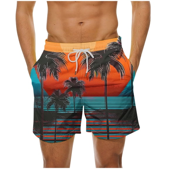 hlysgo Swim Trunks for Men no Liner Casual Drawstring Palm Tree Graphic Beach Shorts with Pockets Quick Dry Bathing Suits Summer Swimwear Orange L