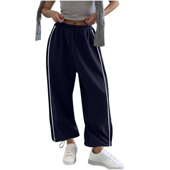 hlysgo Track Pants for Women Wide Leg High Waisted Baggy Joggers Pant Side Stripe Drawstring Ankle Trousers with Pockets Navy,L