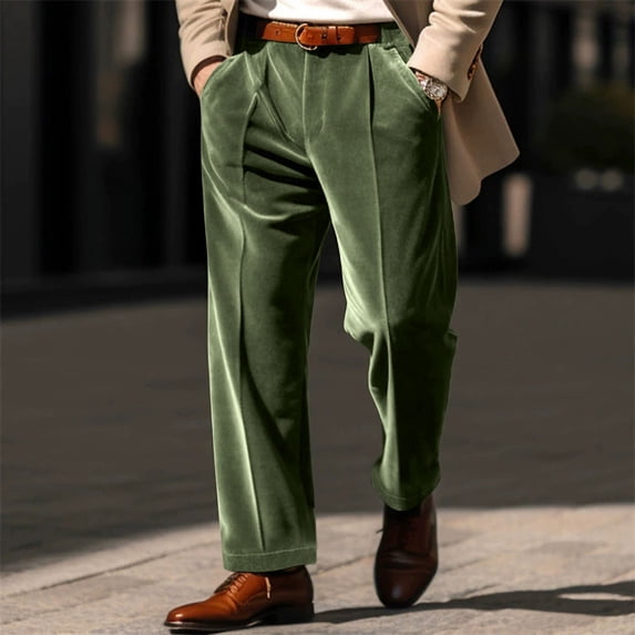 hlysgo Velvet Dress Pants for Men Regular Fit Pleated Front Wide Leg Work Office Trousers with Pockets Business Causal Suit Pants Army Green L