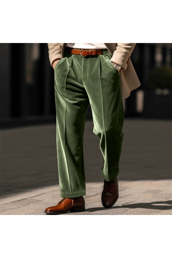 Velvet Dress Pants for Men Regular Fit Pleated Front Wide Leg Work Office Trousers with Pockets Business Causal Suit Pants Army Green XXL