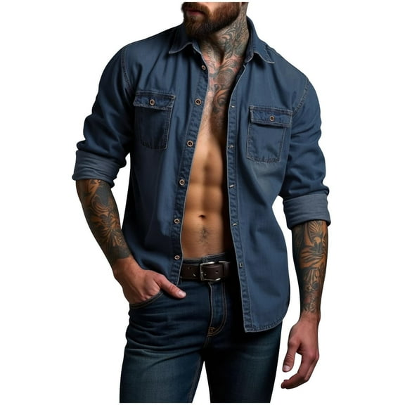 hlysgo Western Shirts for men with Snap Button Vintage Solid Color Long Sleeve Shirt Cowboy Style Clothes Dress Casual Work Shirts Blue L