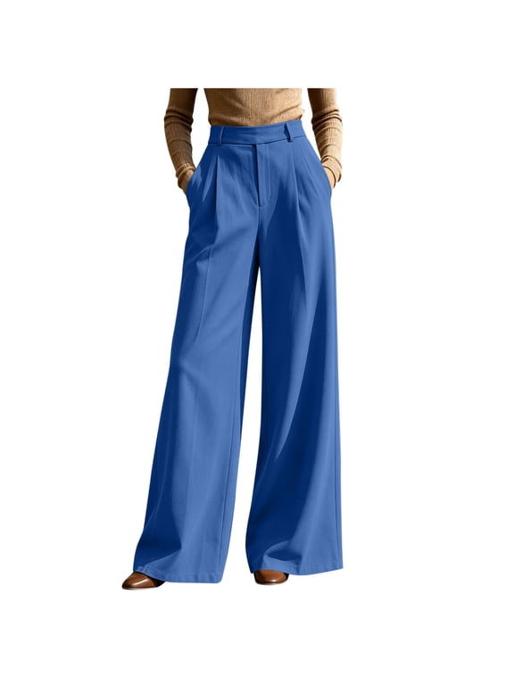 Wide Leg Dress Pants for Women Business Casual Flowy Work Palazzo Pants High Waisted Slacks Trousers with Pockets Blue,L