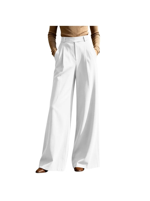 Wide Leg Dress Pants for Women Business Casual Flowy Work Palazzo Pants High Waisted Slacks Trousers with Pockets White,2xL