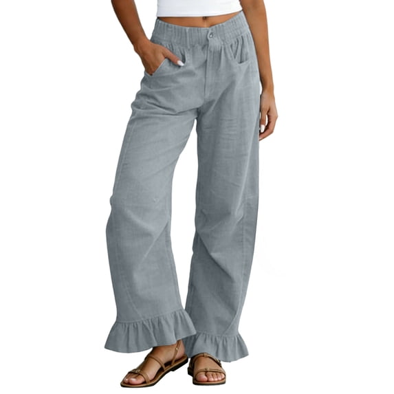 hlysgo Wide Leg Linen Pants for Women High Waisted Ruffle Hem Palazzo Pants Boho Summer Casual Loose Flowy Pant Trousers with Pockets Gray,L