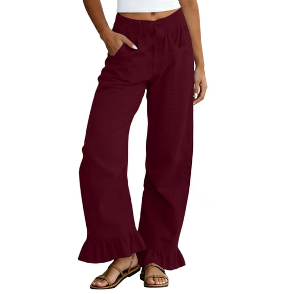 hlysgo Wide Leg Linen Pants for Women High Waisted Ruffle Hem Palazzo Pants Boho Summer Casual Loose Flowy Pant Trousers with Pockets Wine,2xL